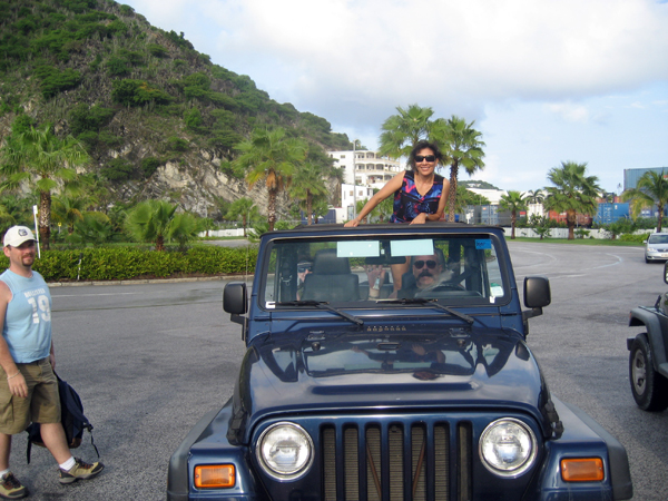 Amy Tinoco sticking her head out of the jeep
