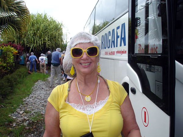 Karen Duquette in her shower cap in Limon