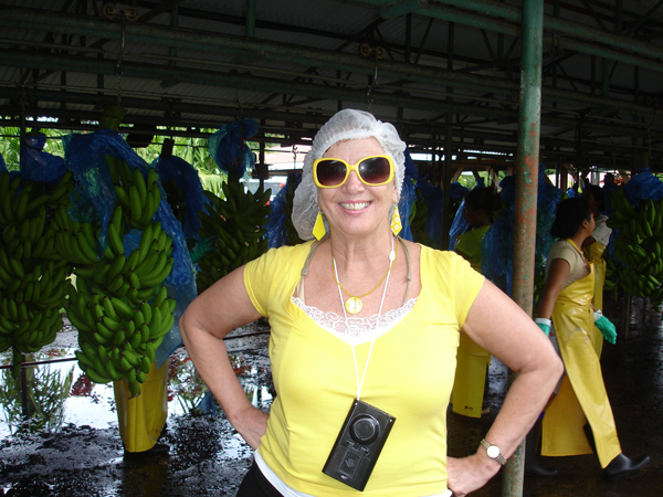 Karen Duquette in her shower cap in Limon