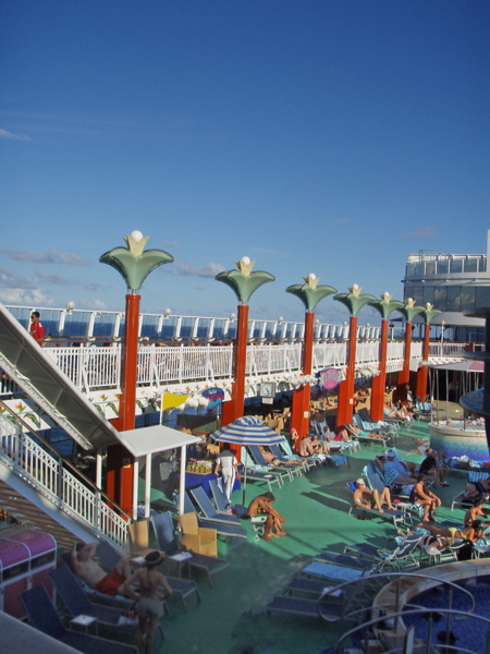 overlooking the pool area and upper deck