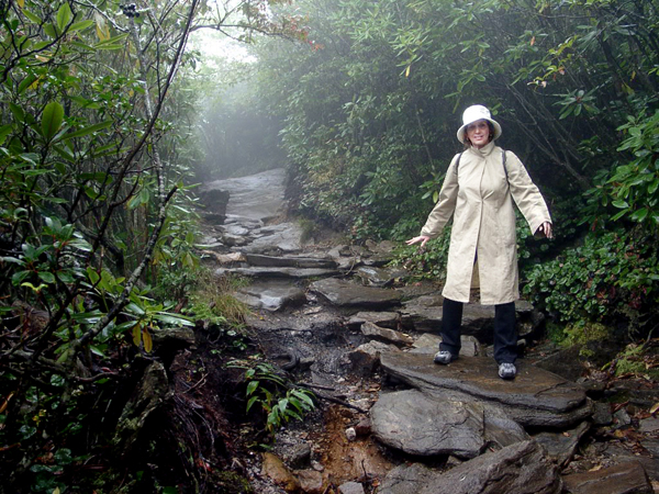 Karen Duquette on the hiking trail to the waterfall