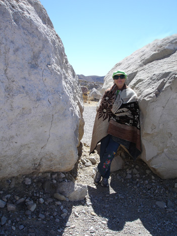 Karen Duquette taking a break from the wind