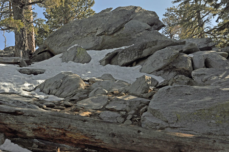 old icy snow in the rocks