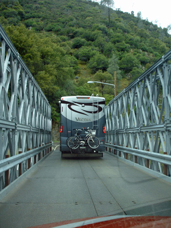 driving the RV on the narrow bridge