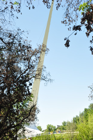 a peek at part of the Sundial Bridge pylon from the hiking trail behind Sulphur Creek Bridge