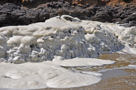 the froth cascades down the rocks, and heads back out to the ocean