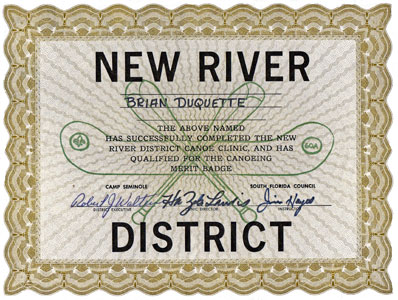 New River District Canoe Certificate for Brian Duquette