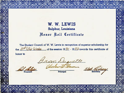 Honor Roll Certificate for Brian Duquette