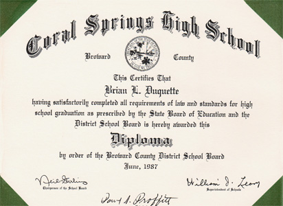 Coral Springs High School Diploma for Brian Duquette