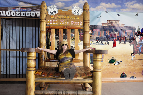 Karen Duquette in a big rocking chair