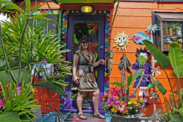 Karen Duquette at the Bowling Ball House at Whimzeyland