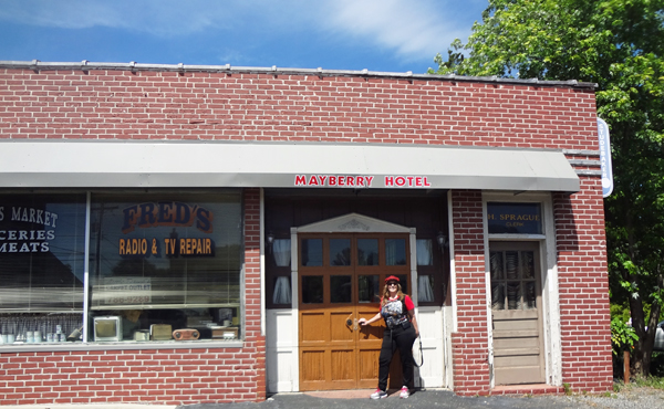 Karen Duquette entering Mayberry Hotel