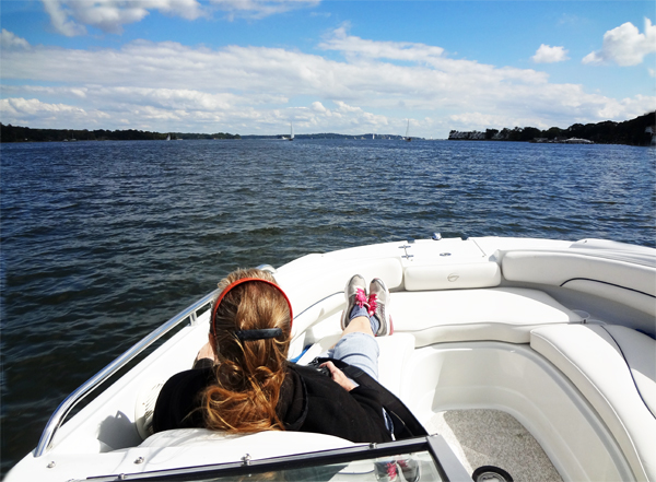 Karen Duquette is totally relaxed and enjoying the boat ride