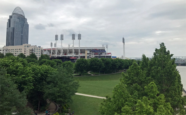looking back at Cincinnati Ohio from the bridge