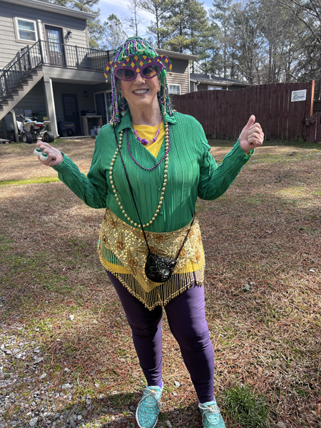 Karen Duquette dressed for Mardi Gras Day