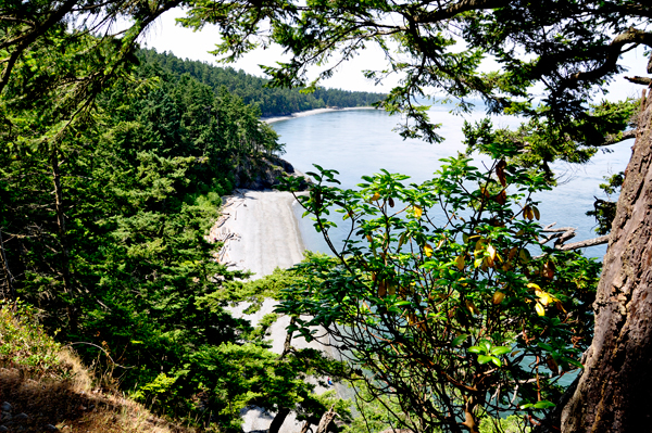 view looking down from the bridge to the beach