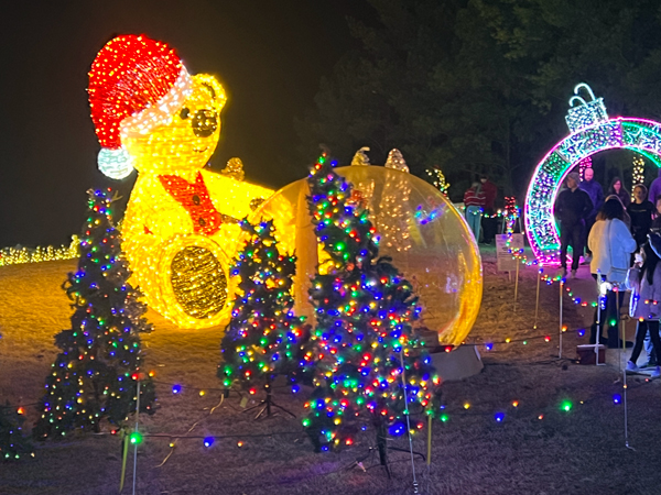 giant teddy bear in lights and a snow globe