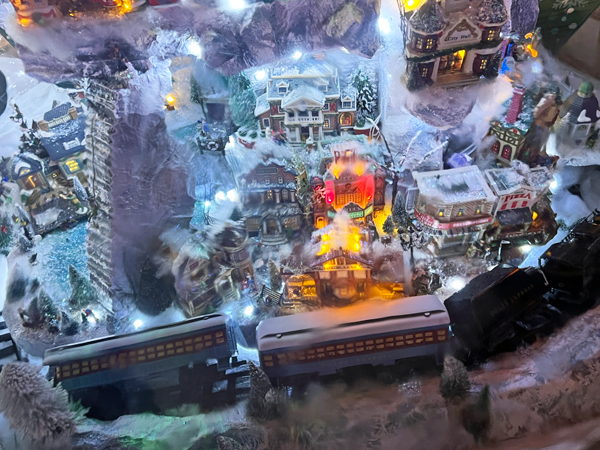 snow vlllage, houses and train