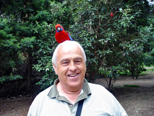 a bird on Lee Duquette's head